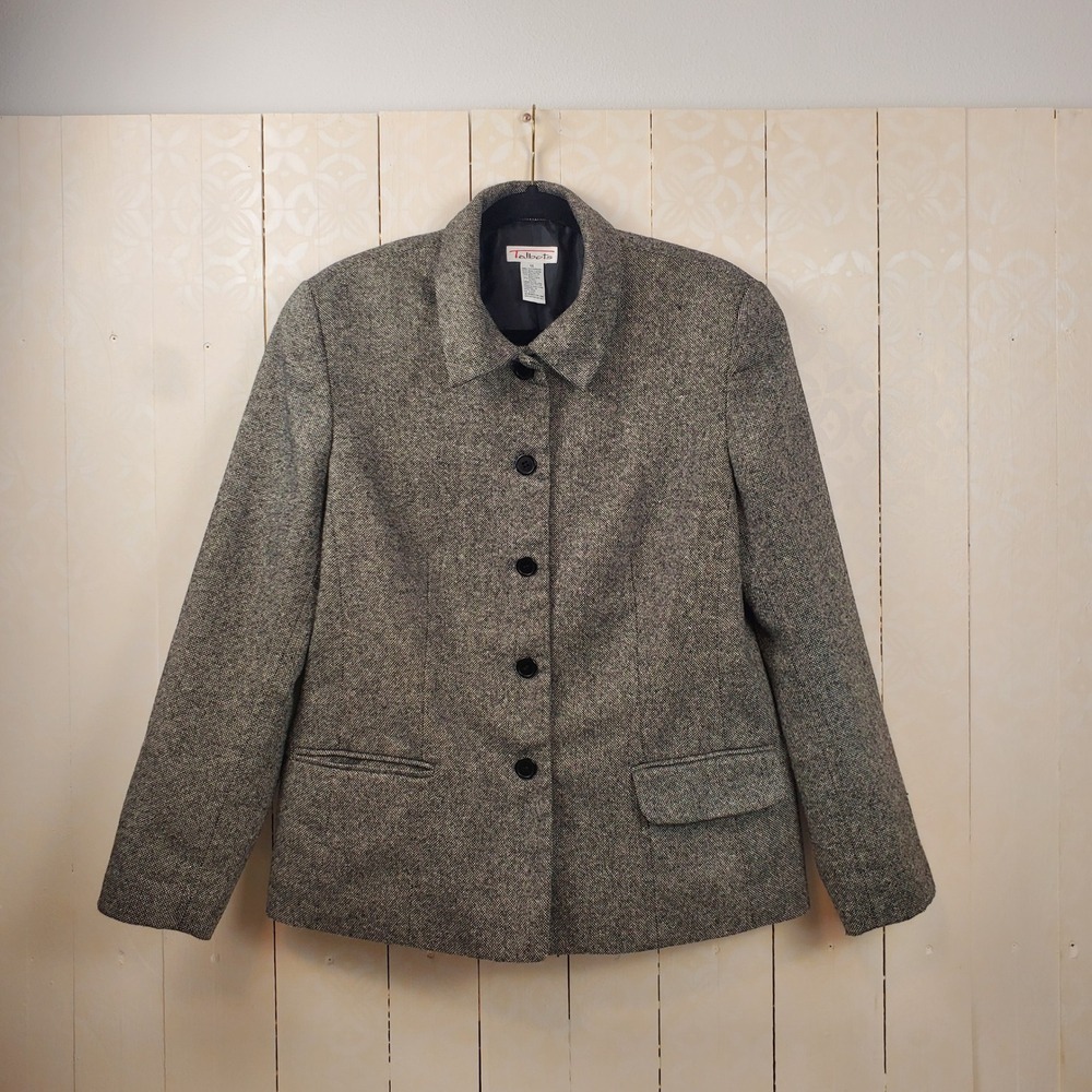 Talbots Tweed Blazer Jacket Womens 14 Grey Black Wool Blend Button Front